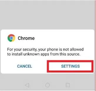 Chrome warning that the phone is not allowed to install unknown apps, with SETTINGS highlighted