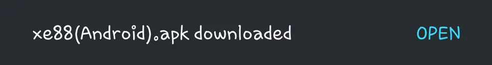 Browser notice that the XE88 Android APK has downloaded, with an OPEN button