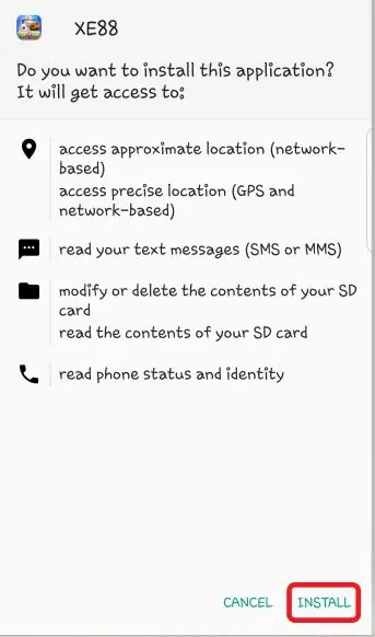 XE88 install screen listing location, SMS, storage and phone permissions