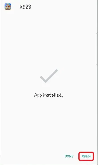 App installed confirmation for XE88 with the OPEN button highlighted