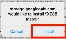 iOS pop-up asking to install XE88 with the Install button highlighted