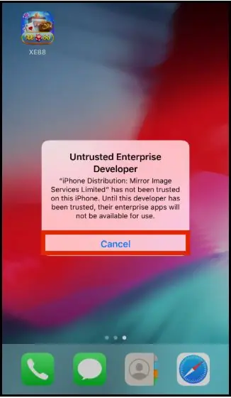 Untrusted Enterprise Developer warning with the Cancel button highlighted