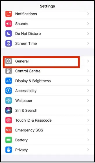 The iPhone Settings list with General highlighted