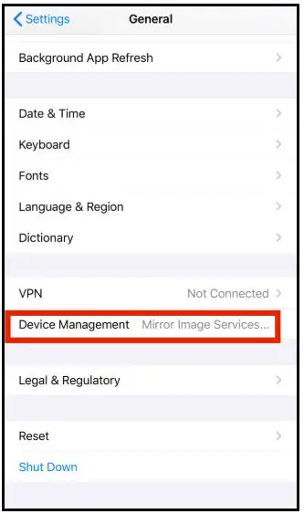 General settings with Device Management highlighted