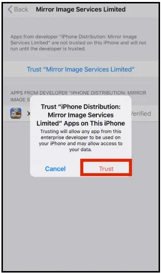 iOS confirmation dialog with the red Trust button highlighted