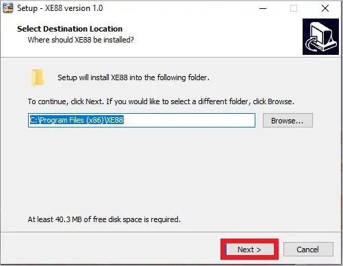 XE88 setup wizard Select Destination Location screen with the Next button highlighted