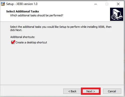 XE88 setup Select Additional Tasks screen with Create a desktop shortcut ticked