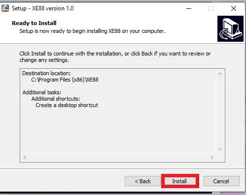 XE88 setup Ready to Install summary with the Install button highlighted