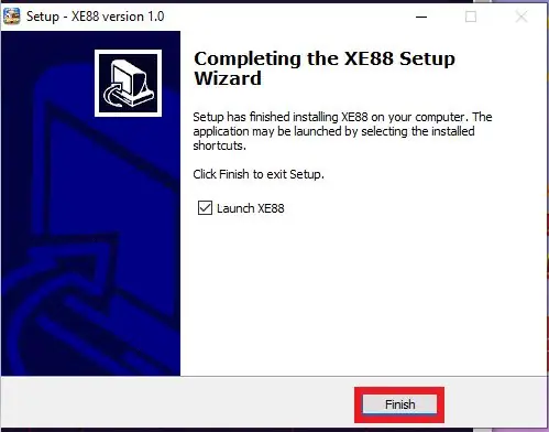 Completing the XE88 Setup Wizard screen with Launch XE88 ticked and Finish highlighted