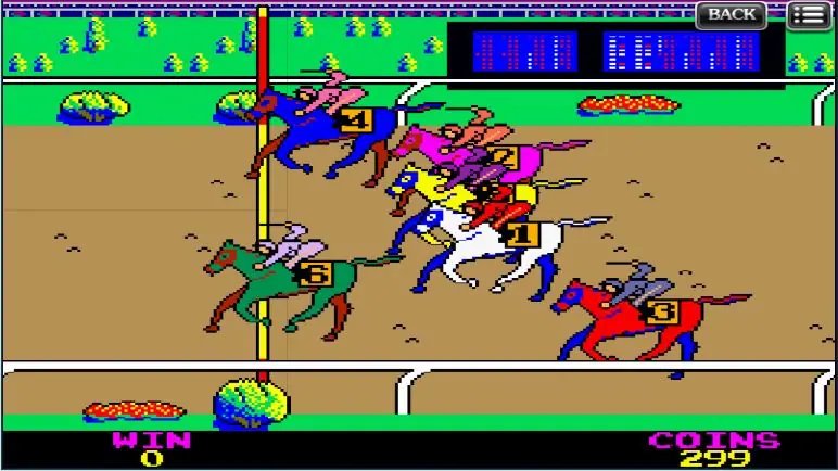 King Derby on XE88 with six numbered pixel-art horses racing along the rail