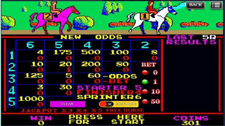 The King Derby odds board in the XE88 arcade section with pair odds for six horses