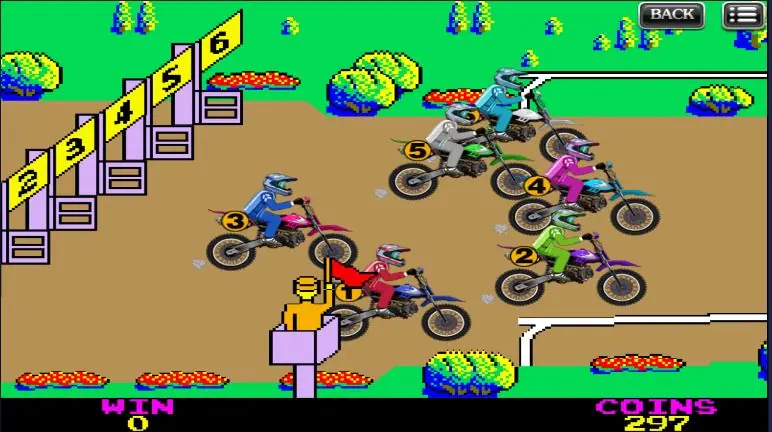 Motorbike on XE88 with six numbered dirt-bike riders leaving the starting gate
