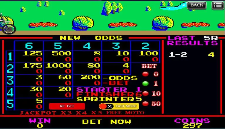Motorbike board showing 1-2 at odds of 4 in the last results column