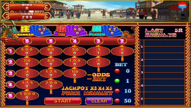 Thunderbolt odds board before coins are placed, with START and CLEAR buttons