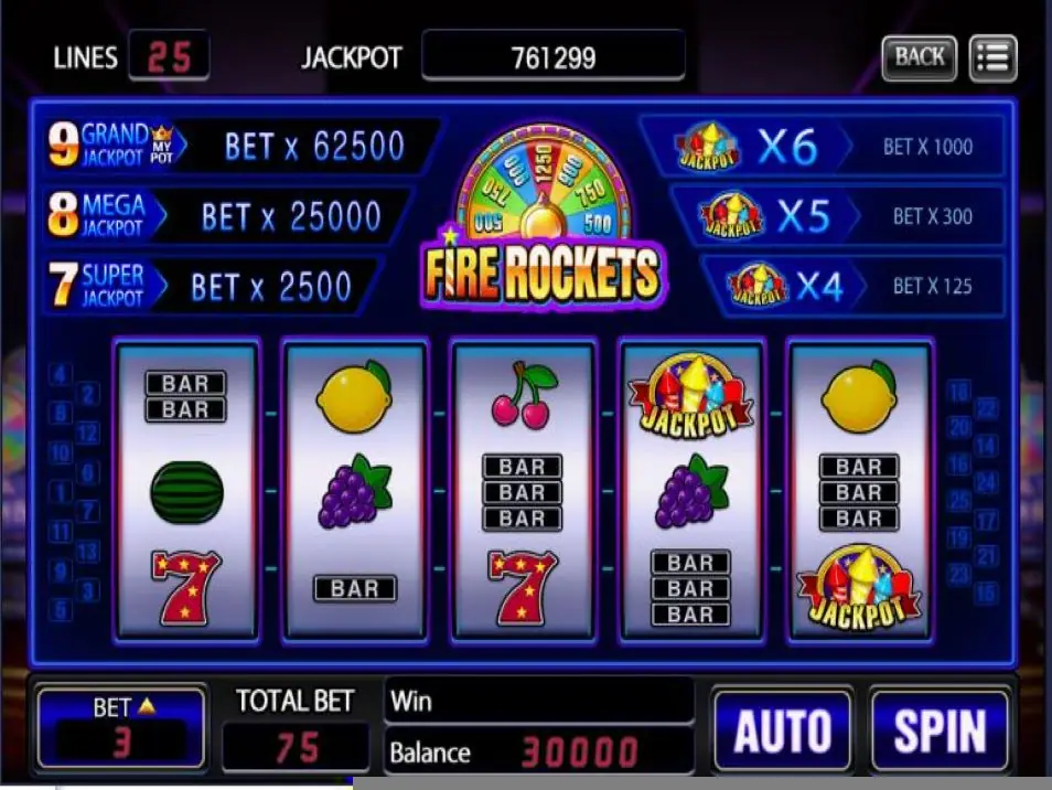 Fire Rockets reels on XE88 with sevens, bars, fruit and Jackpot symbols under the jackpot ladder