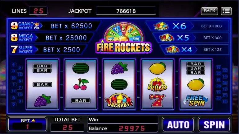 Fire Rockets reels with a FREE SPIN symbol on reel five and a WILD on reel four