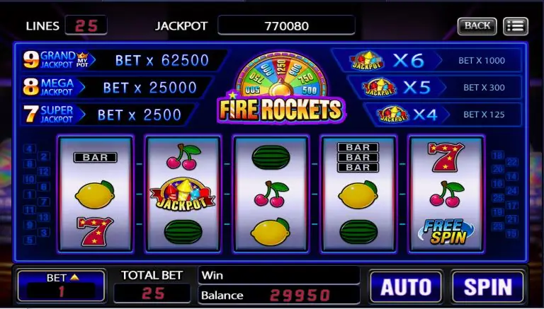 Fire Rockets with a Jackpot symbol on reel two and fruit symbols around it