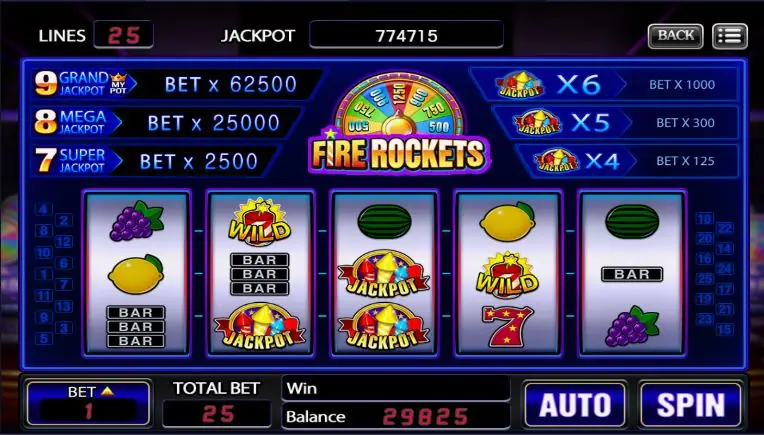 Fire Rockets reels with a WILD, two Jackpot symbols and a column of bars