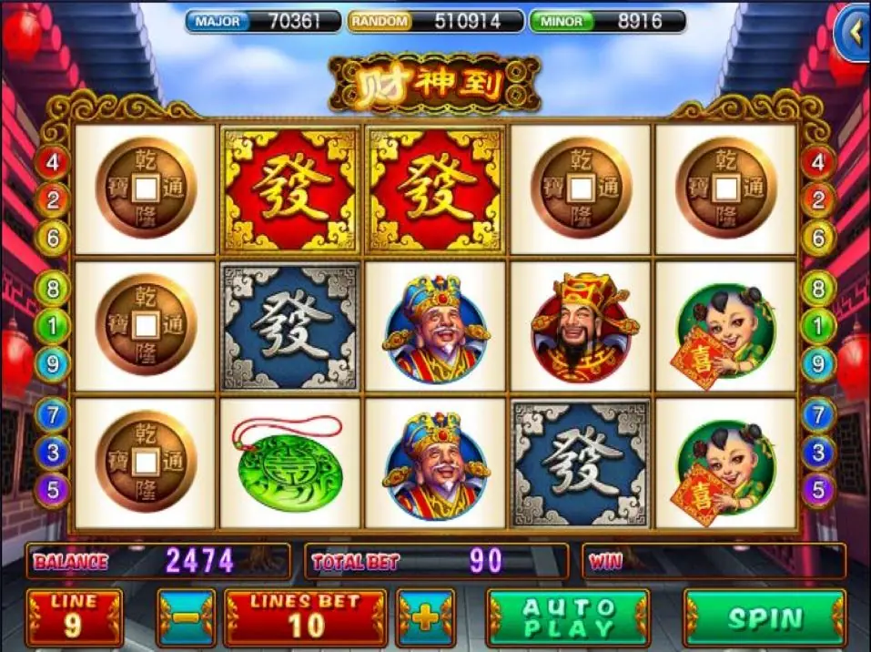 God of Wealth reels on XE88 with red Fa tiles, gold coins and the Cai Shen symbol