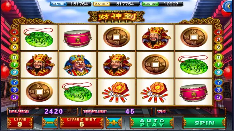 God of Wealth screen on XE88 showing coins, jade, drums and Cai Shen on nine lines