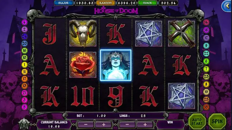 House of Doom reels with roses, a glowing witch and gothic card letters