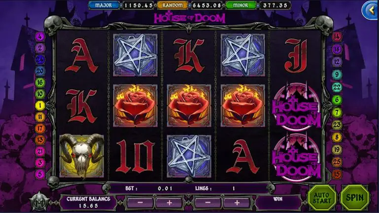 House of Doom with three roses on reels two to four and the logo symbol on reel five