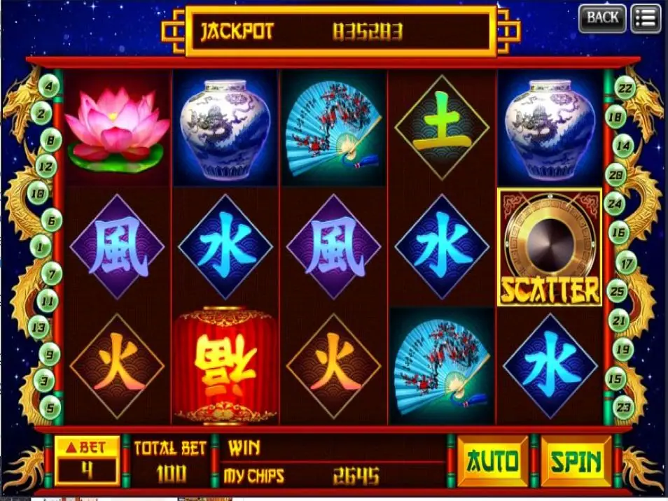 Mystic China reels on XE88 with lotus, porcelain vases and glowing element characters
