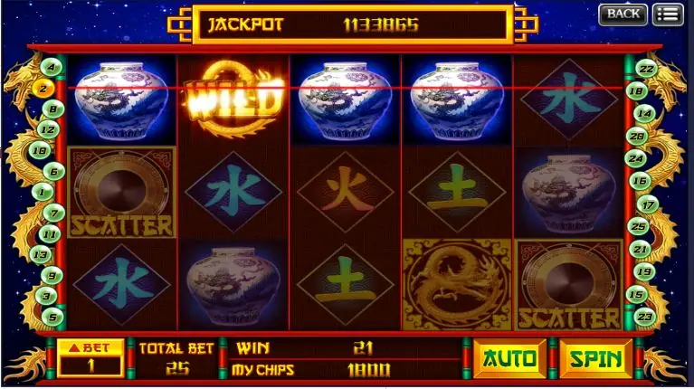 Mystic China reels with a gold WILD, two scatters and a dragon symbol