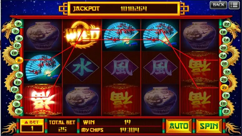 Several lines paying through a WILD on reel two in Mystic China