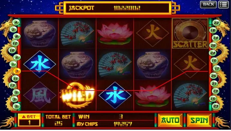 Mystic China WILD on reel three alongside the water character and a lotus