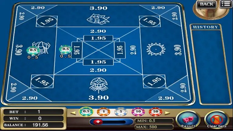 Chips of 0.5 placed on two Belangkai betting areas before the round