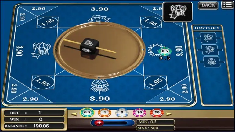 Belangkai result with the die showing the fish and a chip on the sun