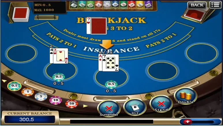 Blackjack decision buttons for Surrender, Hit, Stand and Double