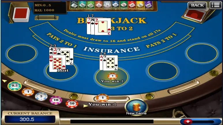 XE88 blackjack table with a finished round showing one losing hand and one winning hand