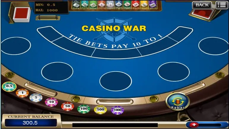 The empty Casino War table on XE88 with the chip rail and Rebet button