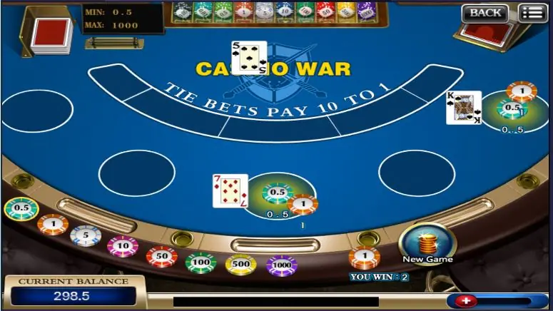 XE88 Casino War table after a round, with a seven against the dealer's five