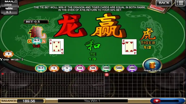 XE88 Dragon Tiger table showing the Dragon wins banner with a five against a four