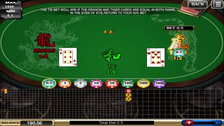 Cards dealt to Dragon and Tiger with a bet sitting on the Tiger