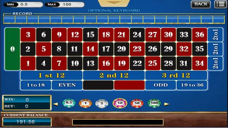 The XE88 roulette betting layout with numbers 1 to 36, the zero and the outside bets