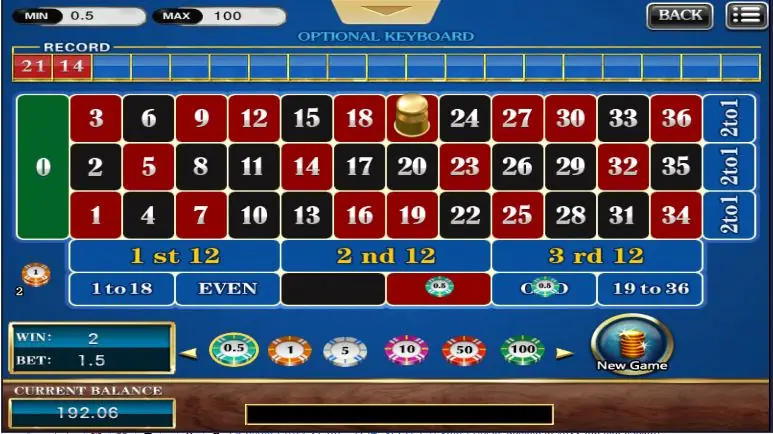 Roulette result screen with chips spread across the layout and a win of 2