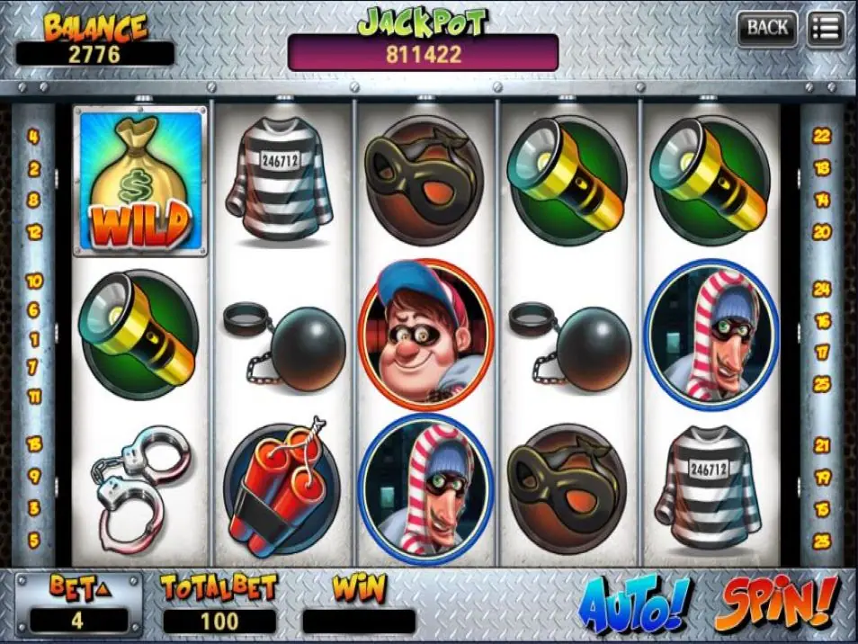 Takers slot on XE88 with a money-bag wild, masked robbers, dynamite and handcuffs