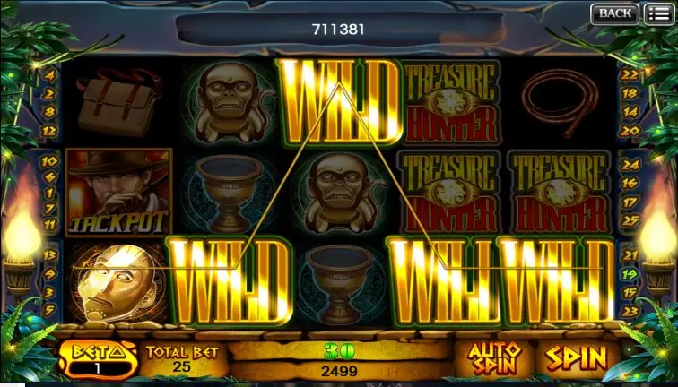 Treasure Chase with gold WILD blocks and Treasure Hunter tiles lining up across the reels