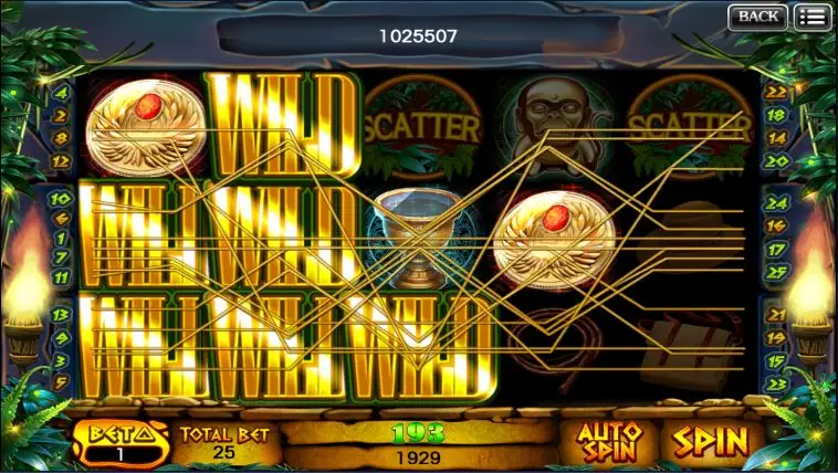 Treasure Chase screen covered in WILD symbols with many paylines drawn