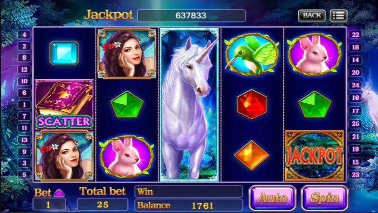 Unicorns start screen with the jackpot meter and bet controls at the bottom